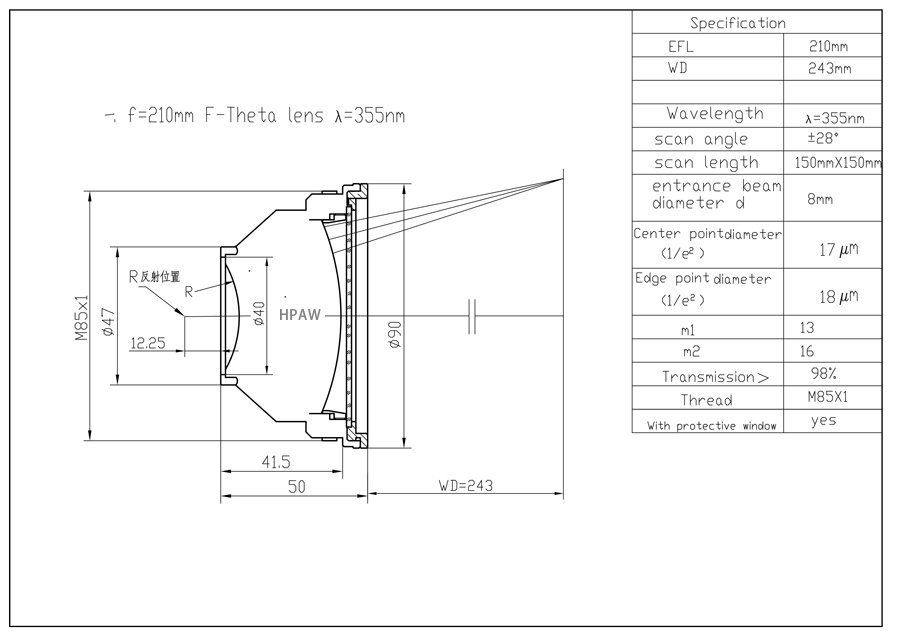 355nm紫外石英場鏡 F210